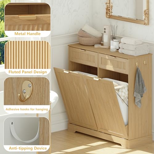 Image of Double 13 Gallon Tilt Out Trash Can Cabinet,Garbage Cabinet with Drawer | Hidden Garbage Storage with Fluted Design, Drawer & Hooks for Kitchen, Dining Room and Small Space Organization,Natural Oak