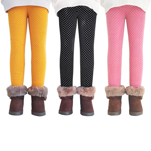 Kiench 3 Pack Girls Fleece Lined Leggings Cotton Thermal Tights Pants Polka Dot Printed
