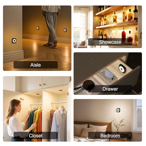 Image of Rechargeable Mini Puck Lights with Remote Control, Ultra-thin Tap Light with Adjustable Brightness (10%-100%) & 3 CCT (3000K /4000K /6500K), Perfect for Hallway, Stairway, Closet(6 Pack, Black)