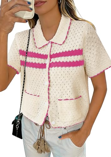 Image of Yousify Womens Casual Summer Short Sleeve Sweaters Button Down Crochet Knit Tops 2026 Loose Cute Cardigan Sweater