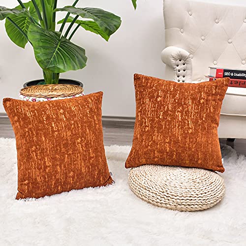 Image of CaliTime Throw Pillow Cases Pack of 2 Marbling Jacquard Solid Dyed Super Soft Chenille Cushion Covers for Couch Sofa Home Farmhouse Decoration 18 X 18 Inches Burnt Orange