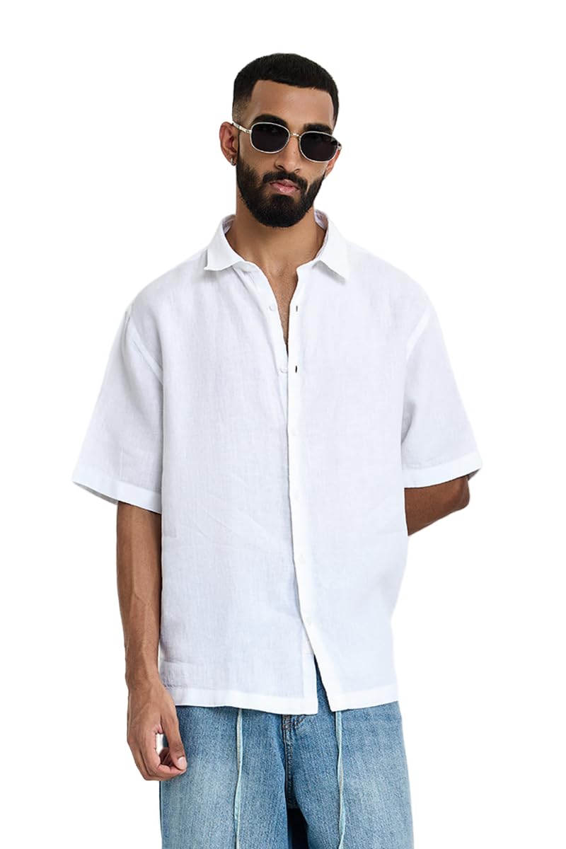 SNITCH Men Casual Shirt | Relaxed Fit Half Sleeve Spread Collar Solid Buttoned Full Placket | 100% Linen Breathable Woven Fabric for Summer, Vacation in neutral