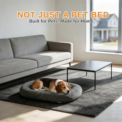 Image of Washable Oval Dog Bed for Large Dogs, High-Resilience, Dark Gray | Non-Slip Bottom Prevents Sliding, Soft Plush Short Fur, Machine Washable, Ideal for Crates /Apartments /Cozy Nooks,35 inchx22 inchx3.2 inch