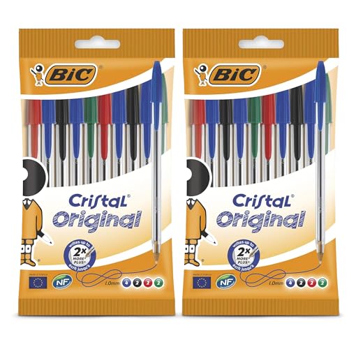 BIC Cristal - Bolígrafos originales, punta fina de 1,0 mm, colores surtidos, bolígrafos fiables para el día a día para la escuela y la oficina, escritura suave, agarre cómodo, duradero y duradero