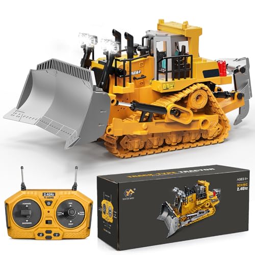 YESHIN Bulldozer radiocommandé 1:20 en métal 9 canaux avec télécommande 2,4 GHz, lumière et son, véhicule à chenilles amélioré, véhicule de...