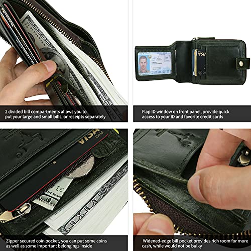 Image of MING CLAN Leather RFID Blocking Bifold Wallet For Men With Zipper, Flap ID Window Zip Coin Pocket, Big Capacity Credit Card Holder For Travel, Green, Medium, Zipper Wallet