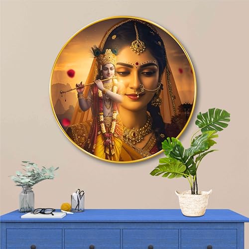 Image of SAF Radha Krishna Divine Love Wall Painting - Spiritual Round Golden Frame Artwork | Traditional Indian Art for Living Room, Bedroom, Office & Pooja Room Home Decor (23 X 23 Inch) GR-293