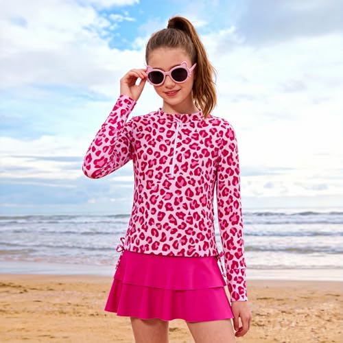Image of Vogseek 3-12T Girls Swimsuit Long Sleeve Rashguard Bathing Suits Swim Set | Quick Dry, UPF 50+ Sun Protection, Swimming Skirt, Boyshorts, Zipper Two Piece Long Sleeve Swimsuits, Adjustable Drawstring