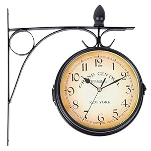 Paneltech Retro stationsklok dubbelzijdige wandklok met montagebeugel geschikt voor binnen en buiten huis tuin keuken…