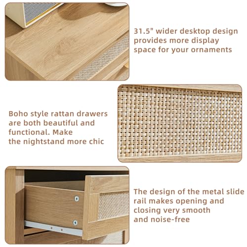 LEYAOYAO 31.5" Wide Rattan Night Stand, Large Boho Nightstand, Bedside Table with Storage, Tall Bed Side End Tables, Chest of Drawers for Bedroom, Living Room, Hallway(Natural,3 Drawers,2) - Image 7
