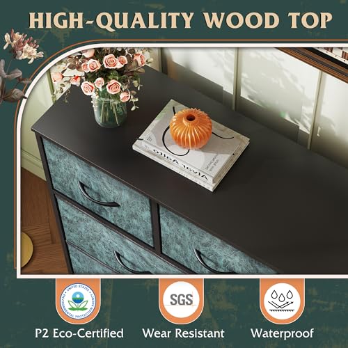 Image of WLIVE 9 Drawer Dresser, Fabric Storage Tower for Bedroom, Hallway, Closet, Tall Chest Organizer Unit for Bedroom with Fabric Bins, Steel Frame, Wood Top, Easy Pull Handle, Vintage Green