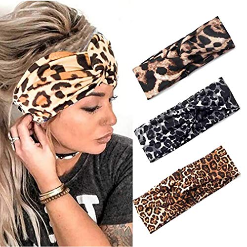 Acedre Leopard Headbands Criss Cross Yoga Hair Bands Elastic Head Wraps Knot Head Scarfs for Women and Girls (Pack of 3)