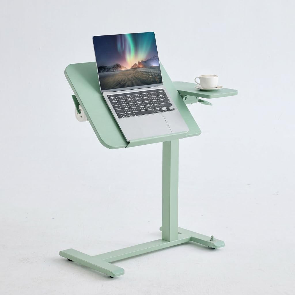 MUSSO AnyDesk-D5 - Escritorio portátil de pie con asiento de pie, altura regulable de 68 a 108 cm, mesa para ordenador portátil con muelle de gas, superficie de trabajo inclinable 90° (verde, 1 unidad