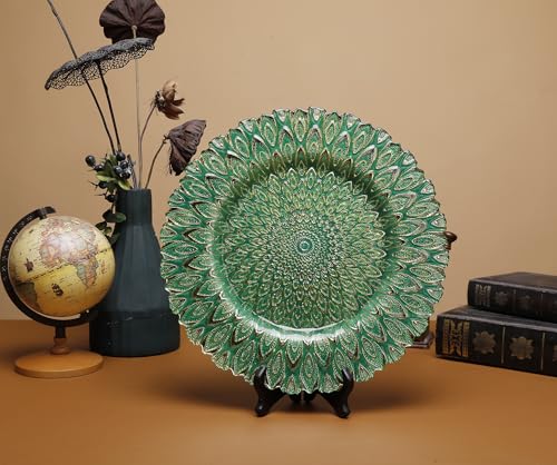 JASMODAAURA Large Round Peacock Glass fruit Serving Bowl Decorative Plate,Green Feathers Pattern Accent and Centerpiece Bowl, Decor Organizer for Entryway Table, Art Glass Dish (13 inch), FB6636 - Thumbnail 2