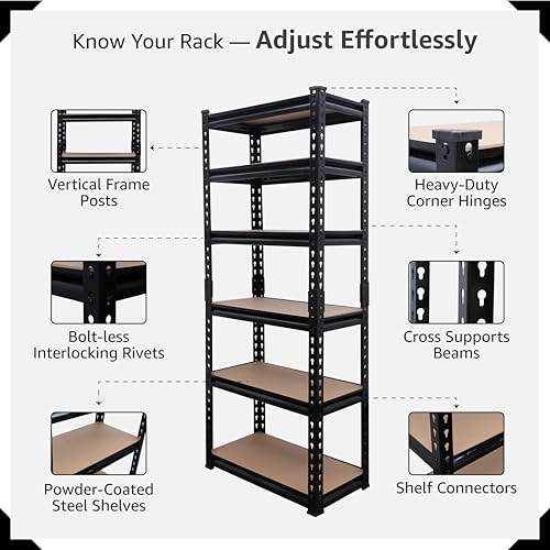 Image of BonKaso Adjustable 6-Shelf Metal Storage Rack | Heavy-Duty Steel Boltless Rivet Utility Shelving Unit for Garage, Kitchen & Office | 62 Inches Height (62 x 24 x 12 in) - Black