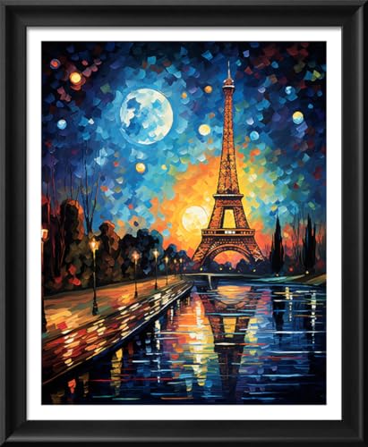 Image of Leczany Cross Stitch Stamped Kit for Adults - Moonlight Tower | DIY Embroidery Starter Patterns Craft Kit Needlepoint for Beginner | 11CT, 3 Strands | 13.4x17.3 inches