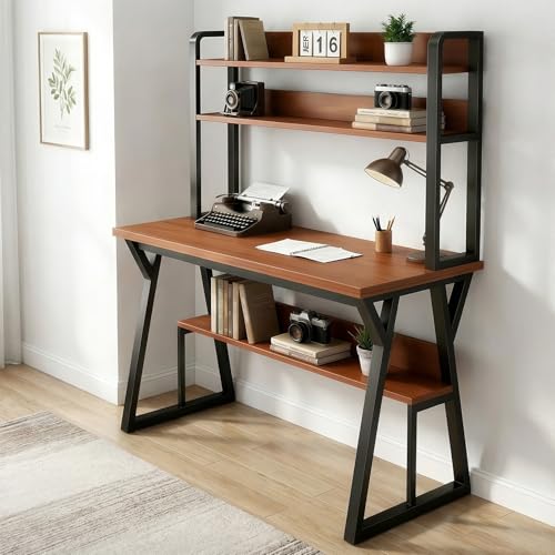 Catálogo de Escritorio Chocolate comprados en linea. 47 TRIUMPHKEY Escritorio Minimalista con Cajones y Repisas Escritorio Multifuncional con Estante de Almacenamiento de 3 Capas Marco de Metal &Tablero de Madera - Fácil de Montar...