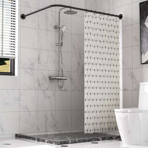 Image of Stretchable 304 Stainless L Shaped Bathroom Bathtub Corner Shower Curtain Rod Rack (Black 24 inch-69 inch x 24 inch-85 inch, Maximum size 114''), Drill Free Install, for Bathroom,Clothing Store,Private space