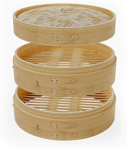 KryZaro 竹製蒸篭 13cm 二段式 ふた付き ヘルシー蒸し器 家庭・業務用兼用 餃子・饅頭・点心対応 食卓料理用 天然竹せいろ