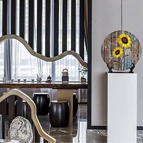 Asdwx Sunflower Decorative Wall Plates, 10", Rustic Yellow Flowers On Brown Barn Door In Farmhouse In Autumn, Round Plate With Display Stand, Ceramic Tile Wall Decor For Home Office Decor #TOP4