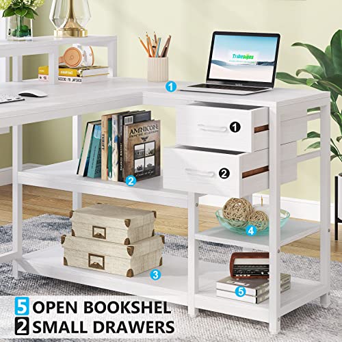 Image of Tribesigns 55-inches Reversible L Shaped Desk with Drawer, Modern White L Corner Desk Home Office Table with Storage Shelves and Monitor Stand, Wooden and Metal PC Desk for Small Space