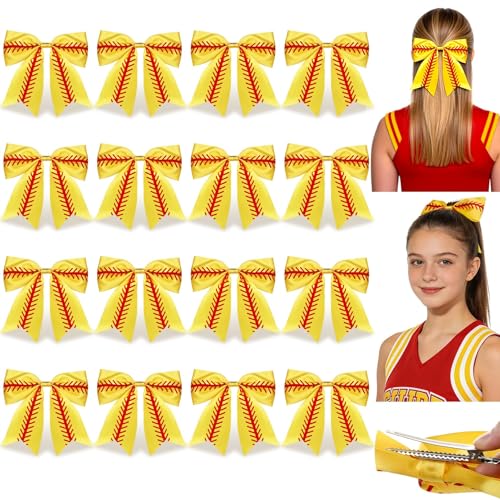 NFAMRZCAR 16 Pcs 8 Large Softball Hair Bows with Alligator Clips Cheer Hair Accessories for Girls Teen College Cheerleading Sports End of Season Team Gift Softball Banquet Gift-Yellow+Red Stitching