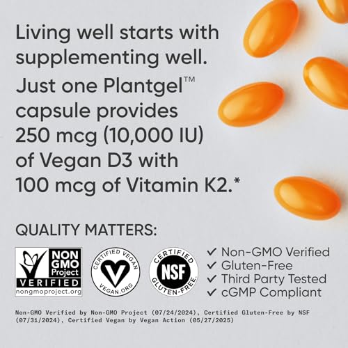 Image of Sports Research Vitamin D3 + K2 with 10,000iu of Plant-Based D3 & 100mcg of Vitamin K2 as MK-7 | Non-GMO Verified & Vegan Certified 60ct