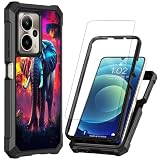 for Cricket Outlast 5G 2024 Phone Case with Tempered Glass Screen Protector, Heavy Duty Shockproof Rugged Bumper Dual Layer Protective Cover Case for AT&T Motivate Pro,Colorful Jungle Elephant