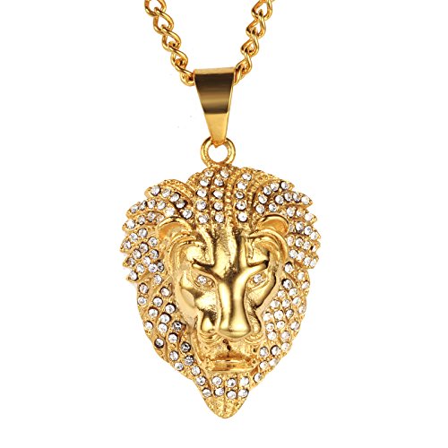 Collier tête de lion en or et acier inoxydable avec pendentif zircone étincelant PAURO