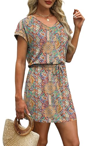 Image of OFEEFAN Summer Dresses for Women 2026 V Neck T Shirt Casual Mini Dresses Tie Waist Sundresses with Pockets