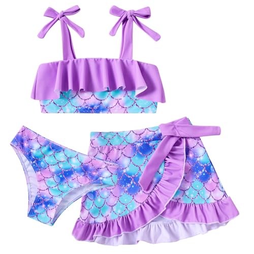 Image of ALISISTER Girls Swimsuit 3 Piece Bathing Suits Flounce Bikini Tankini Set Beach Swimwear with Cover Ups Skirt for 3-8 Years