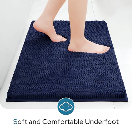 Image of BYSURE Navy Blue Bathroom Rugs Sets 3 Piece with Toilet Lid Cover Non Slip Extra Absorbent Plush Chenille Soft Washable Bath Mats