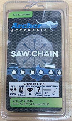 8" Archer Chainsaw Chain 3/8".043-33DL Homelite Ryobi RY43161, RY43160A, PA4360, P5452, RY40504A and also compatible with the Milwaukee M18 Hatchet Pruning Saw 8" Guide Bar and Oregon 90PX033G R33