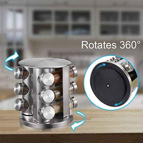 Image of FEELING MALL Revolving Spice Tower | Countertop Round Spice Rack | Set Of 12 Spice Jars | Seasoning Storage Organization | Stainless Steel Standing Shelf