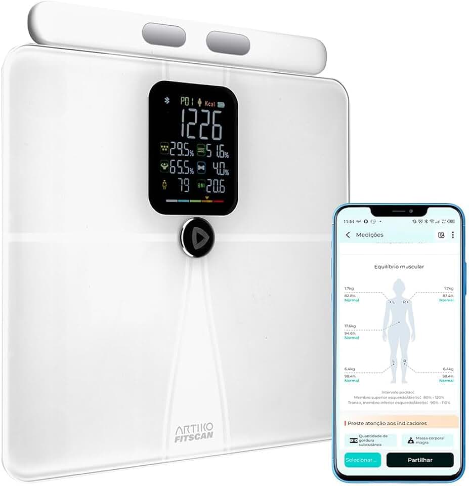 Balança Profissional Bioimpedância Corporal Smart App 180kg Artiko Fitscan 17 Indicadores