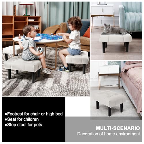 Image of HOUCHICS Small Footstool Ottoman,Velvet Soft Footrest Ottoman with Wood Legs,Sofa Footrest Extra Seating for Living Room Entryway Office(White 1PACK)