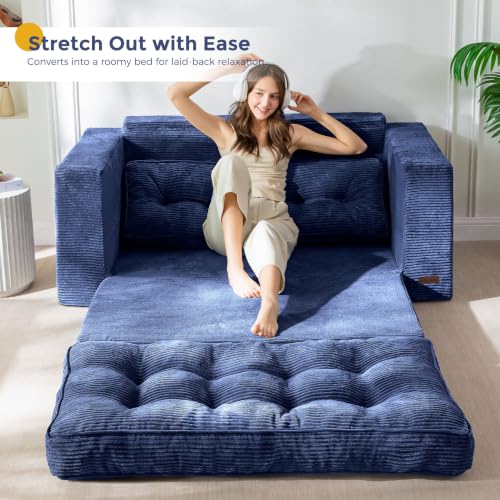 Image of MAXYOYO Convertible Sofa Bed, Pull Out Loveseat Sofa Couch, 2 in 1 Folding Couch Bed, Fold Out Floor Couch with Pillows for Living Room Lounge, Navy