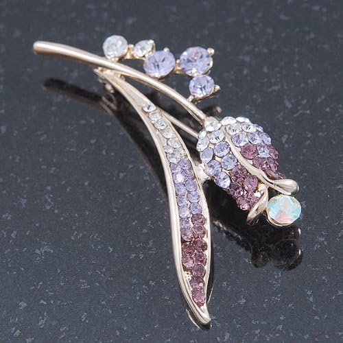 Gold Plated Purple/Clear Crystal 'Rose' Brooch - 55mm Length, white / ivory, gold, purple, violet - Image 4