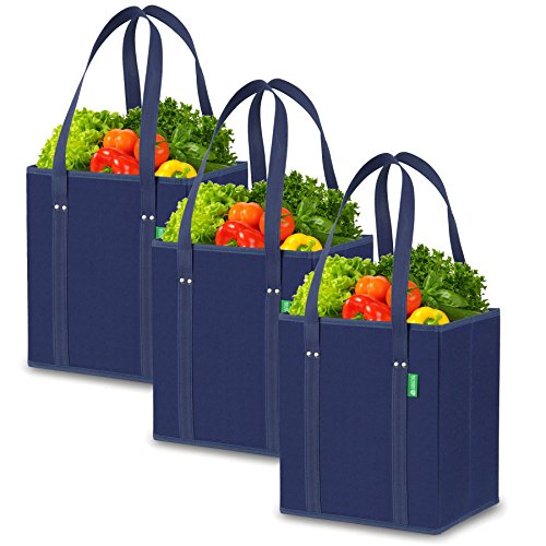 Reusable Grocery Shopping Box Bags (3 Pack - Blue). Large, Premium Quality Heavy Duty Tote Set with Extra Long Handles & Reinforced Bottom. Folding, Collapsible, Durable and Eco Friendly