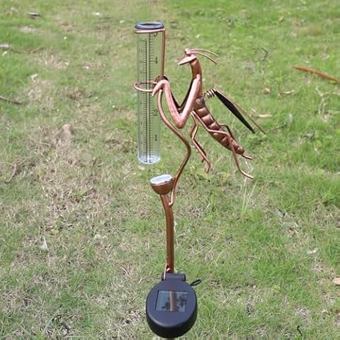 claities Outdoor Rain Gauge with Lights, Metal Mantis Rain Gauge with Lights, Height Adjustable, Large Capacity, for Garden, Deck, Lawn, Patio, Farm Cover