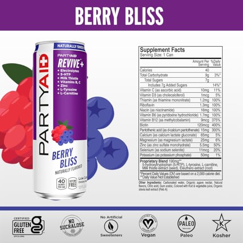 Image of PARTYAID Rehab Blend, Feel Good Tonight and Tomorrow, Contains 5-HTP, B-Complex, Milk Thistle, Electrolytes, No Artificial Flavors or Sweeteners, Caffeine-Free, 12 Fl Oz (Pack of 24)
