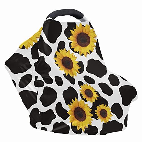 Image of Coldinair Cow Sunflower Print Car Seat Cover for Babies Girls,Soft Stretchy Nursing Cover,Breathable Infant Carseat Canopy,Shopping Cart /High Chair /Stroller Covers