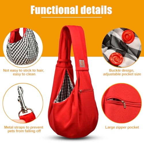 Image of Tomkas Small Dog Cat Sling Carrier Puppy Purse Travel Wrap Soft Crossbody Pet Bag (Red, M - Zip Pocket & Classic Strap)