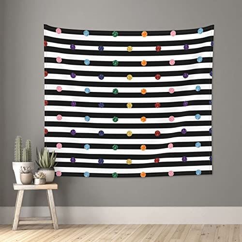 Rainbow Polka Dot Stripe Black And White Tapestry Bedroom 51In X 60In Living Room Dining Room Wall Art Hanging, Great Gift For Friends And Neighbors, Multi Color #TOP1