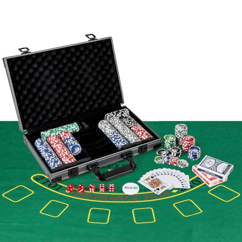 HOMASIS Profi Pokerset mit 300/400 Pokerchips, Pokerkoffer mit Matte, 2 Kartendecks, 5 Würfeln, 1 Dealer Button, Aluminiumkoffer abschließbar, Kasino Poker Set für Texas Hold'em Blackjack (400 Chips)
