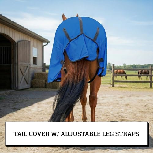 Image of Horse Fly Sheet with Attached Neck Cover & Tail Flap | UV Protection Mesh Horse Blanket, Full Body Bug & Sun Shield, Buckles, Belly Wrap & Gussets for Spring Summer Riding Rug (Royal Blue, 76 inch)