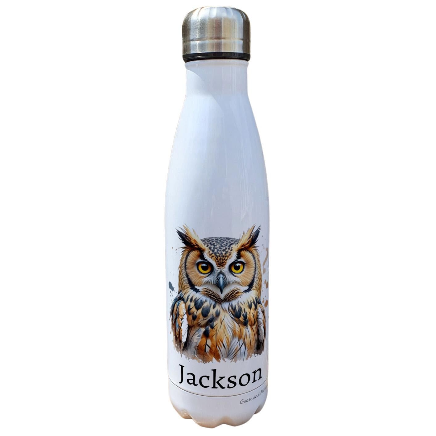 Personalised Owl Water Bottle, Gift for Wildlife Lover, Thank you present for Animal Lover, Gym Bottle, Outdoor Lifestyle Insulated Bottle