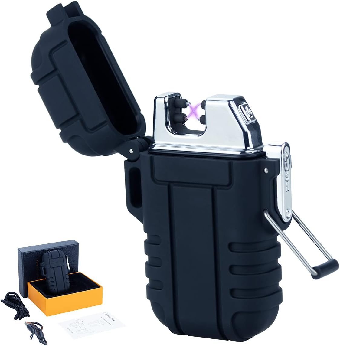 Outdoors Waterproof Lighter USB Electronic Rechargeable Pulse Plasma Lighter Double Arc Plasma Lighter Perfect for Outdoors Camping Hiking Travelling Gas Stove BBQ Camping Trip Fire Starter (Black)