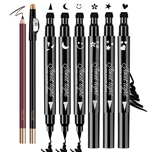 8 Pack Liquid Eyeliner Stamp Set with 6Pcs Eyeliner Stamp and 2Pcs Eyebrow Pencil, Waterproof Smudgeproof Eyeliner Long Lasting Eyeliner Pen (Heart Flower Moon Star Smiley  Triangle Seal Stamp)