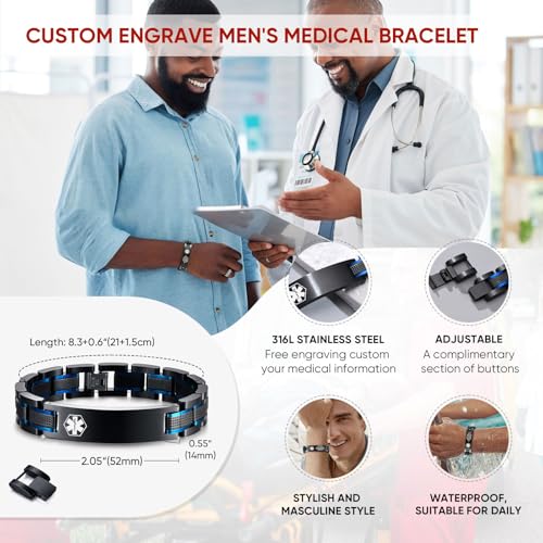 Free Custom Engraving Medical ID Bracelet 2-tone Blue Black Titanium Steel Heavy Masculine Elaborate Men's Medical Alert Bracelet Wristband Jewelry for Dad Customizable & Waterproof3